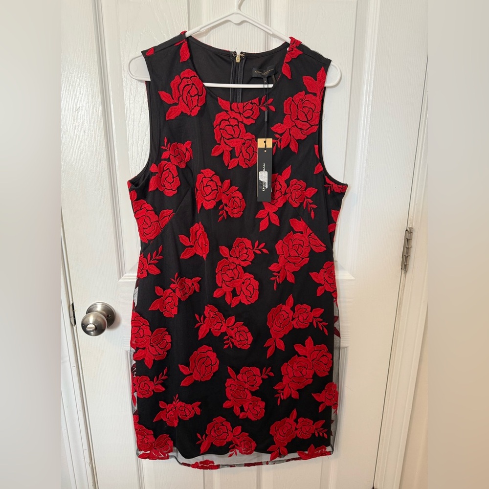 Donna Karan Dress NWT Embroidered Red Roses Blk Sz 14 *see photos & description